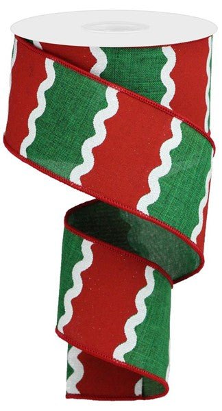 2.5" Wavy Stripe Ribbon: Red/Emerald/Wht - 10yds - RGA116406 - The Wreath Shop