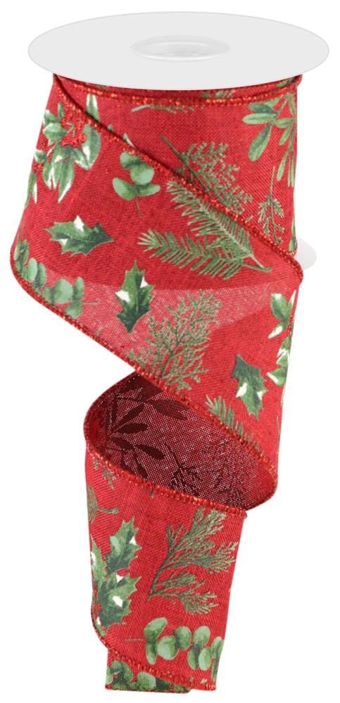 2.5" Winter Foliage Ribbon: Red/Grn - 10yds - RGC17282M - The Wreath Shop