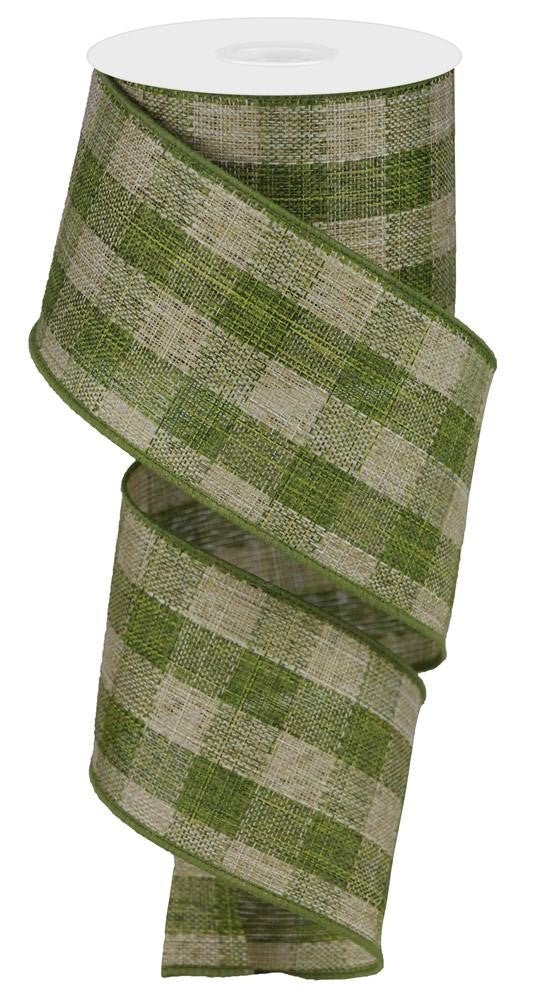 2.5" Woven Check Ribbon: Moss Grn/Beige - 10yds - RGA177052 - The Wreath Shop