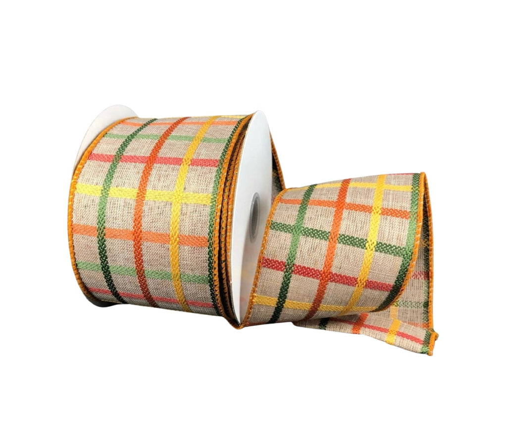 2.5" Woven Plaid Ribbon: Natural/Orange/Yellow/Moss - 10yds - 61207-40-49 - The Wreath Shop