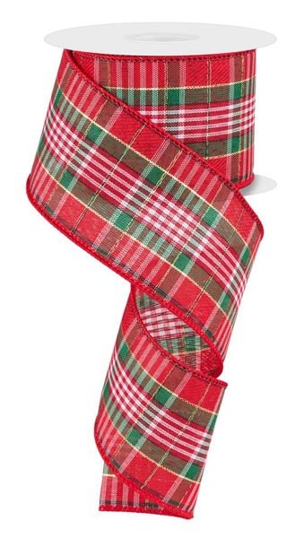 2.5" Woven Plaid Ribbon - Red/Wht/Emer/Blk/Gold - 10yds - Red/White/Emerald/Blk - The Wreath Shop