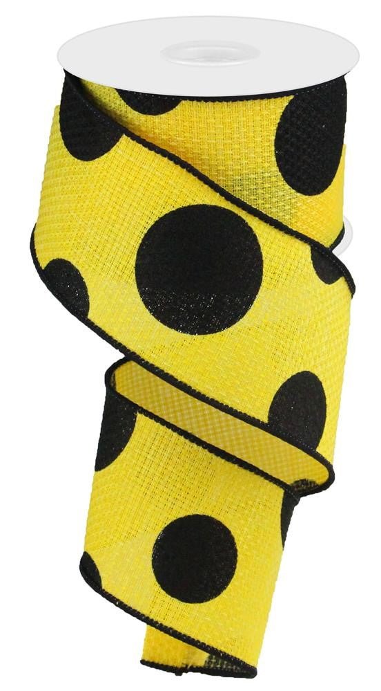 2.5" x 10yd Faux Burlap Giant Dot Ribbon: Yellow/Black - RG01862N6 - The Wreath Shop