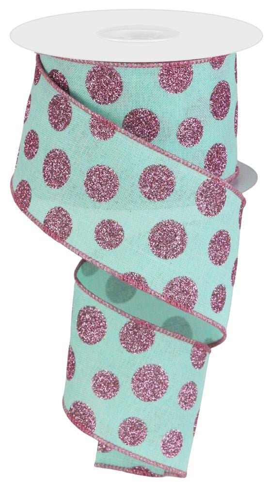 2.5" x 10yd Glitter Polka Dot Ribbon: Mint Green/Pink - RGC1871AN - The Wreath Shop