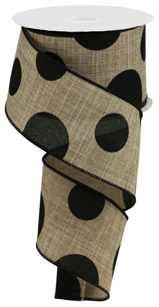 2.5" x 10yd Linen Giant Dot Ribbon: Beige/Black - RGA104201 - The Wreath Shop