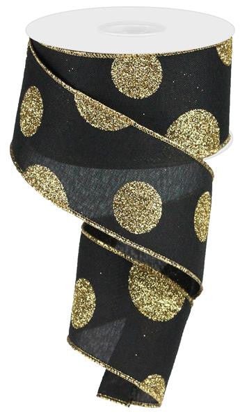 2.5" x 10yd Linen Giant Dot Ribbon: Black/Glitter Gold - RG0182702 - The Wreath Shop