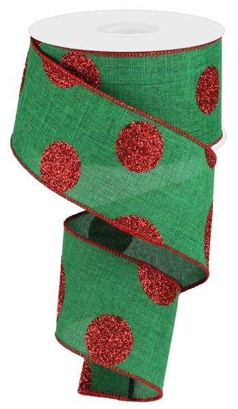 2.5" x 10yd Linen Giant Dot Ribbon: Emerald Green/Glitter Red - RG0182506 - The Wreath Shop