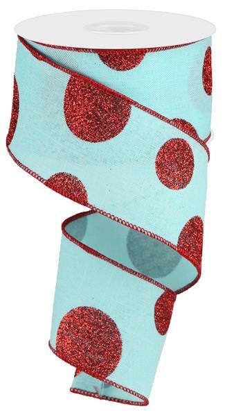 2.5" x 10yd Linen Giant Dot Ribbon: Ice Blue/Glitter Red - RG01825RM - The Wreath Shop