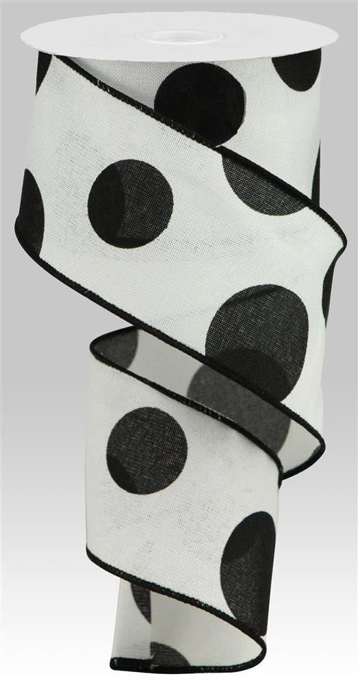 2.5" x 10yd Linen Giant Dot Ribbon: White/Black - RGA104227 - The Wreath Shop