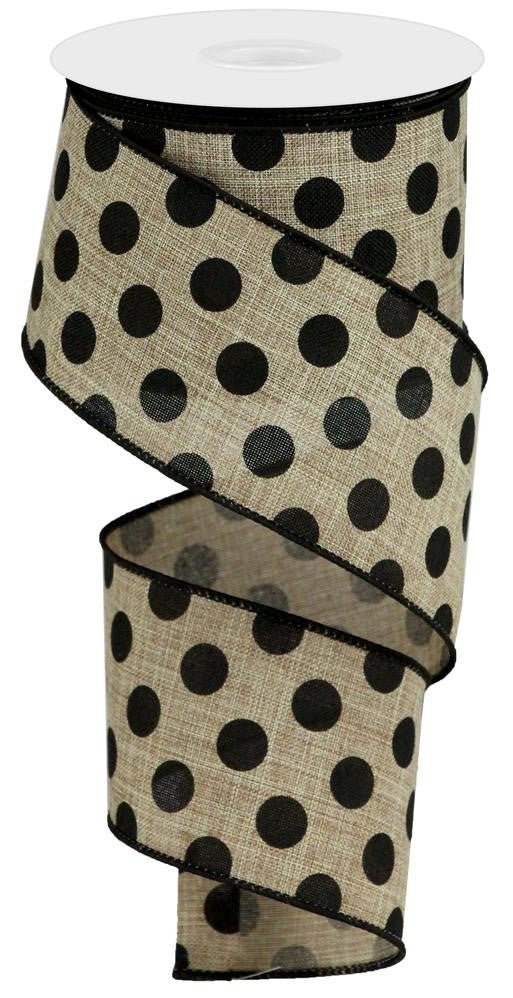 2.5" x 10yd Linen Polka Dot Ribbon: Beige/Black - RG0162801 - The Wreath Shop