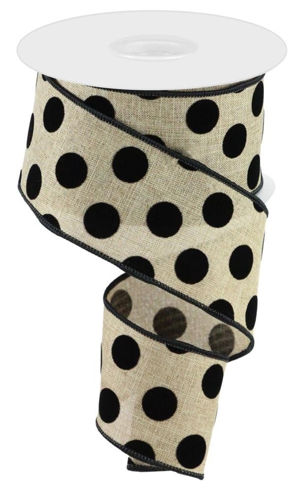 2.5" x 10yd Velvet Polka Dot Ribbon: Beige/Black - RGC162901 - The Wreath Shop