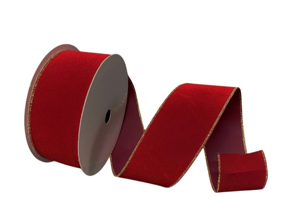 2.5" x 50yd Velvet Ribbon: Dk Red/Gold Edge - X501140-14 - The Wreath Shop
