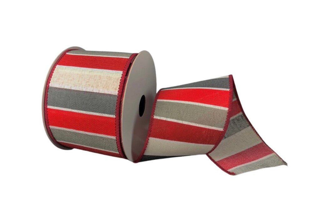 2.5"Red/Cream/Grey/White Stripe Ribbon - 10yds - 72011-40-51 - The Wreath Shop