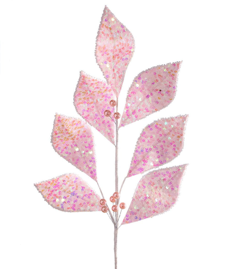 26" Glitter/Sequin Bead Leaf Spray: Pink - MTX66874 - The Wreath Shop