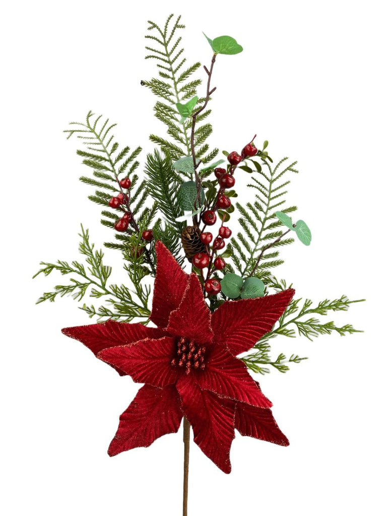 27" Red Poinsettia Pine & Berry Spray - 85812RD - The Wreath Shop