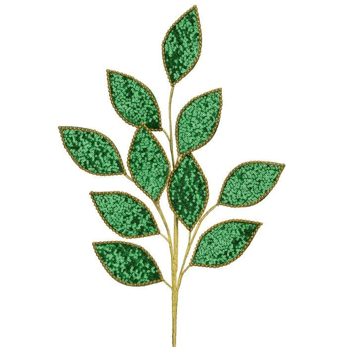 28" Metallic Sequin Leaf Spray: Green/Gold - MTX75933GRGD - The Wreath Shop