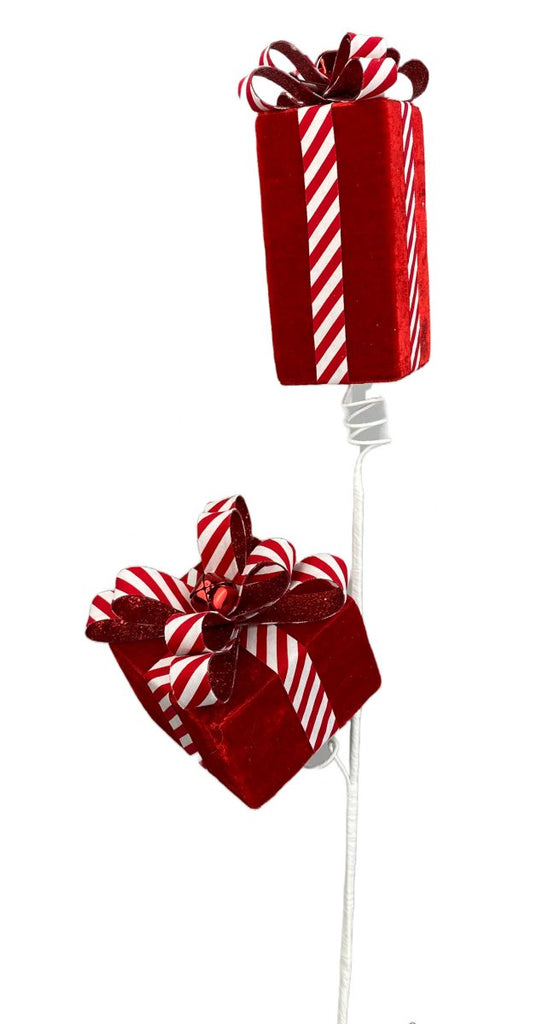 28" Red/Wht Velvet Gift Box Spray - 85688RD - The Wreath Shop