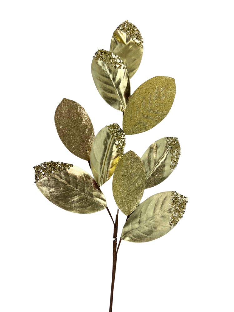 30" Faux Leather Glitter Metallic Magnolia Leaf Spray: Champagne - XS2276 - The Wreath Shop