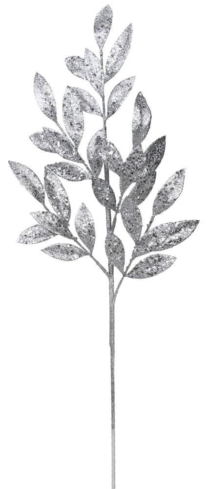 31" Glitter Bay Leaf Spray: Silver - XS219226 - The Wreath Shop