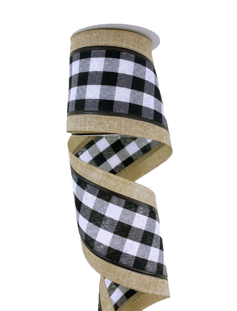 4" Black/Wht Check Natural Edge Ribbon - 10yds - 45018-04-21 - The Wreath Shop