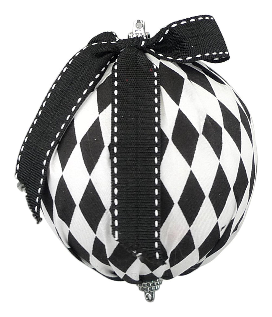 4" Blk/Wht Harlequin w/ Bow Ball Ornament - 84774BKWT - The Wreath Shop