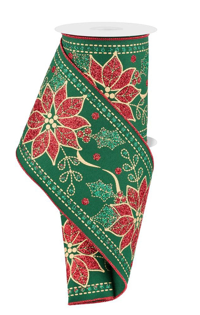 4" Christmas Poinsettia Ribbon: Green - 10yds - RGE195812 - The Wreath Shop