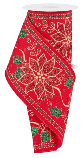 4" Christmas Poinsettia Ribbon: Red - 10yds - RGE195824 - The Wreath Shop