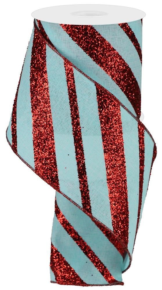 4" Diagonal Glitter Stripe Ribbon: Ice Blue/Red - 10yds - RGA1504H1 - The Wreath Shop