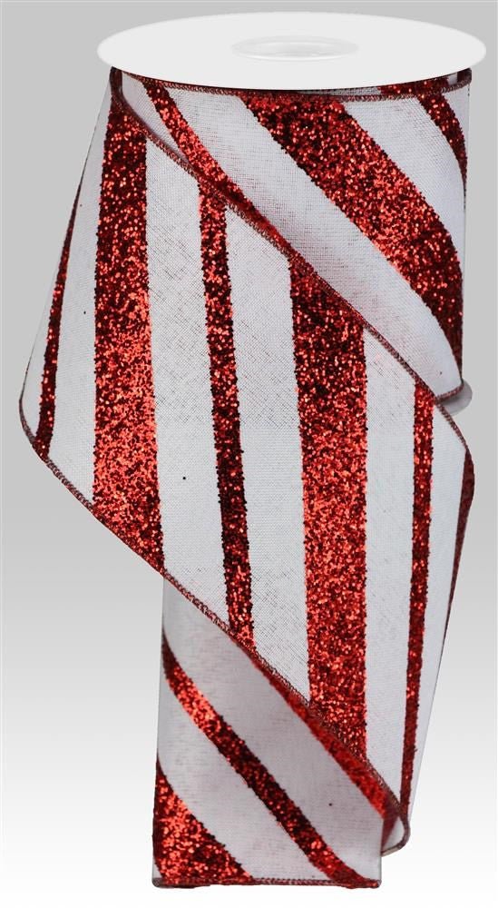 4" Diagonal Glitter Stripe Ribbon: White/Red - 10yds - RGA150427 - The Wreath Shop