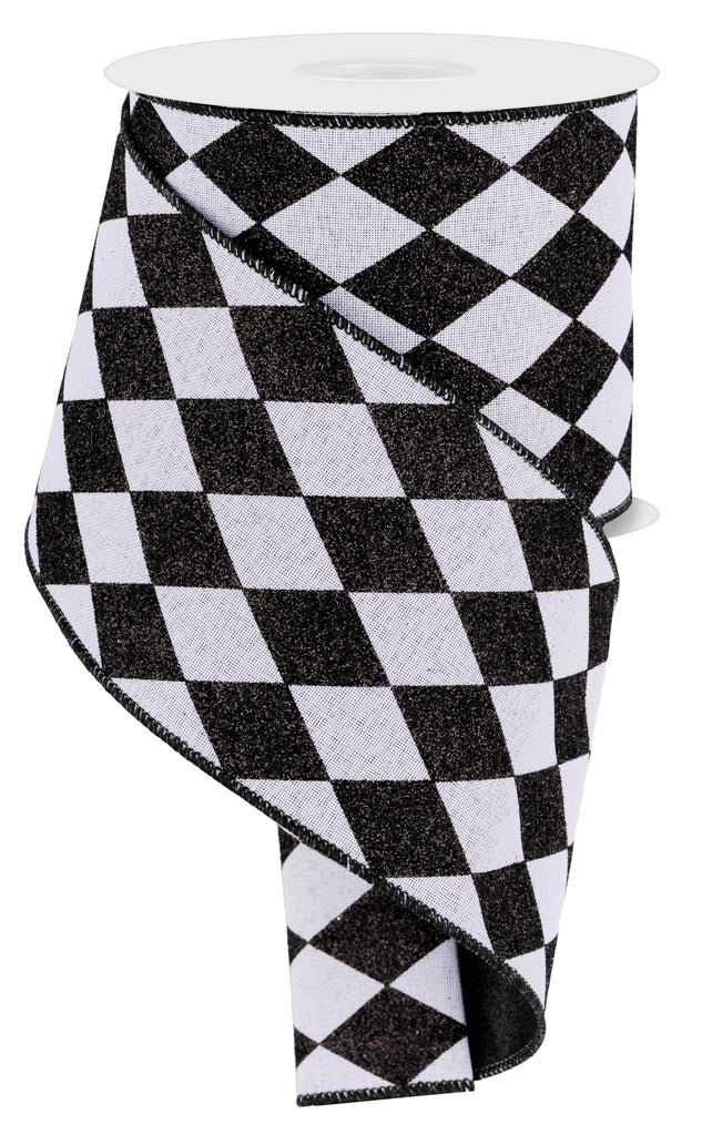 4" Double Layer Harlequin Glitter Ribbon: Black/White - 10yds - RGV001327 - The Wreath Shop