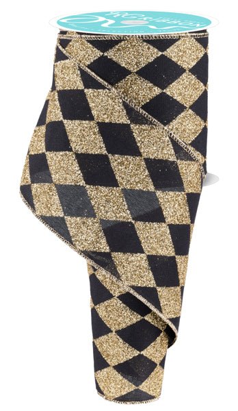 4" Glitter Harlequin Ribbon: Black/Gold - 10yds - RGF151986 - The Wreath Shop