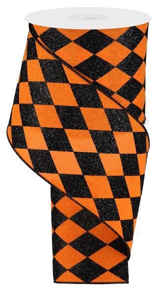 4" Glitter Harlequine Ribbon: Orange/Black - 10yds - RGA150020 - The Wreath Shop
