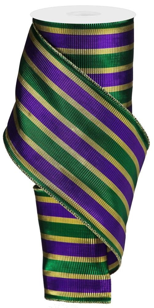 4" Metallic Mardi Gras Stripe Ribbon - 10yds - RGA1512AP - The Wreath Shop