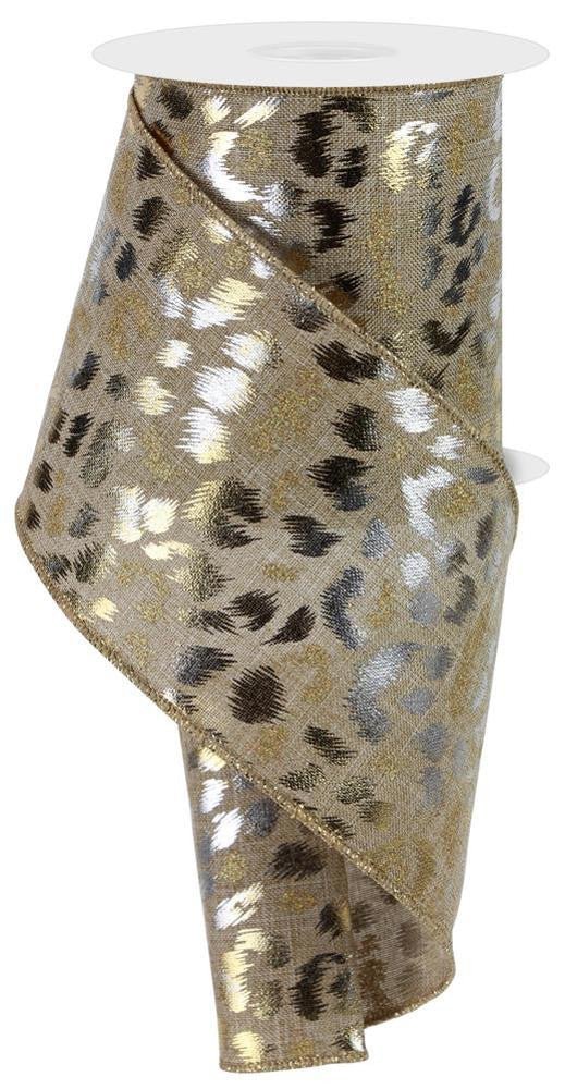 4" Metallic/Glitter Leopard Print Ribbon: Beige/Silv/Gold - 10yds - RGE119001 - The Wreath Shop