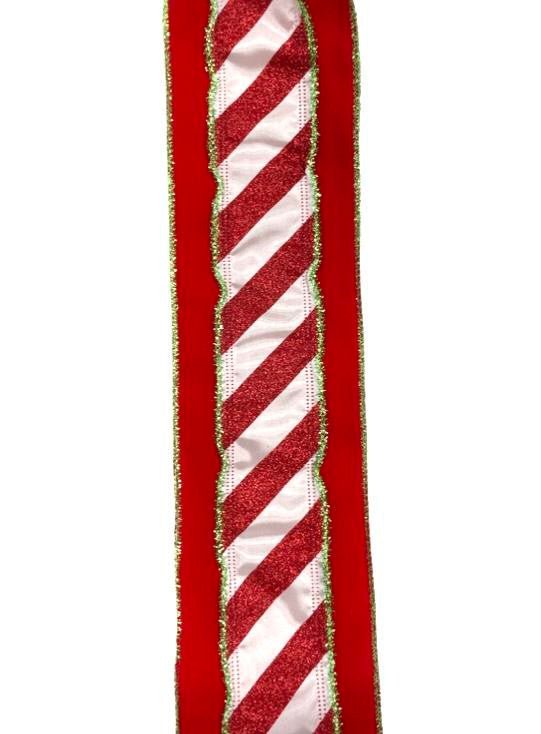 4" Red Velvet w/ Peppermint Stripe Center and Lime Tinsel Edge Ribbon - 10yds - 71122-04-09 - The Wreath Shop