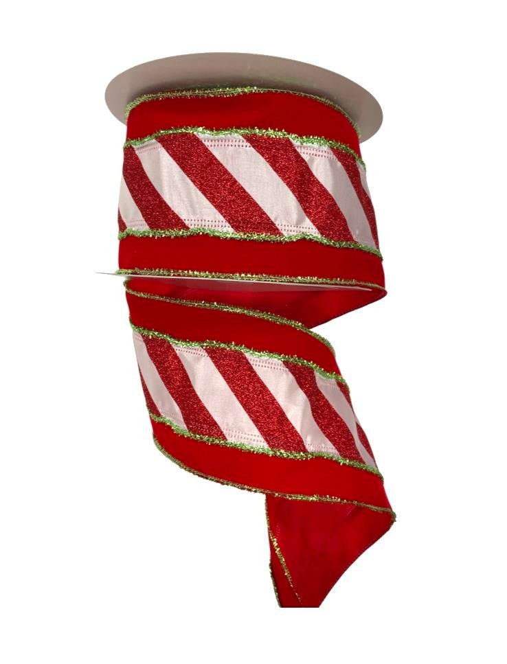 4" Red Velvet w/ Peppermint Stripe Center and Lime Tinsel Edge Ribbon - 10yds - 71122-04-09 - The Wreath Shop