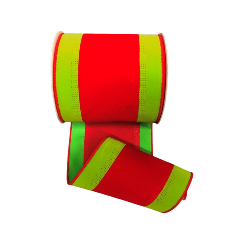 4" Red Velvet/Lime Velvet Border Ribbon - 10yds - 78014-04-09 - The Wreath Shop