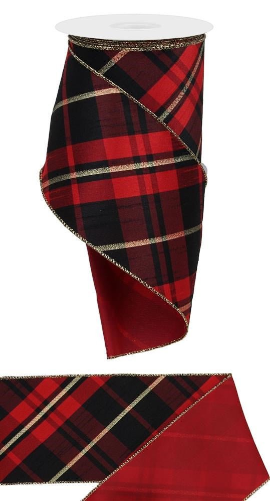 4" Red/Black Plaid Gold Stripe Ribbon - 10yds - RN5678 - The Wreath Shop