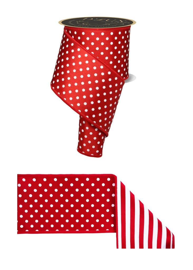 4" Small Dot/Stripe Fused Back Ribbon: Red/White - 10yds - LX306024 - The Wreath Shop