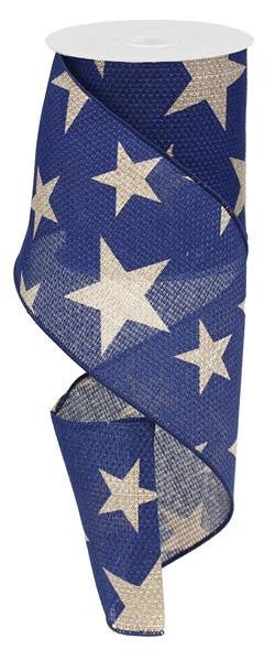 4" X 10Yds Faux Burlap Star Ribbon: Navy Blue/Beige - RG01270K6 - The Wreath Shop