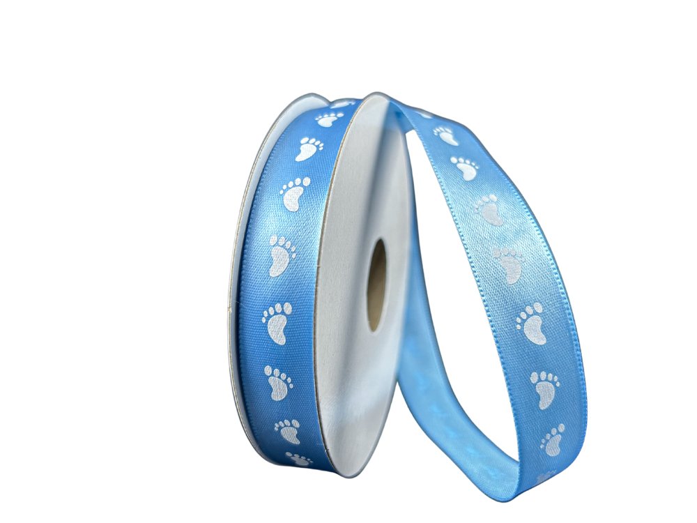 5/8" Baby Footprints Satin Ribbon: Blue - 10yds - 47462-03-04 - The Wreath Shop