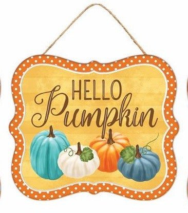 7" Metal Hello Pumpkin Sign: Orange/Teal/Yllw - MD0981-hello pumpkin - The Wreath Shop