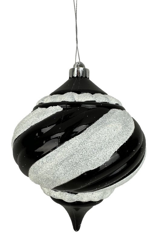 8" Glitter Stripe Onion Shaped Ornament: Black/White - 85950BKWT - The Wreath Shop