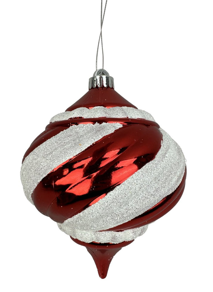 8" Glitter Stripe Onion Shaped Ornament: Red/White - 85950RDWT - The Wreath Shop