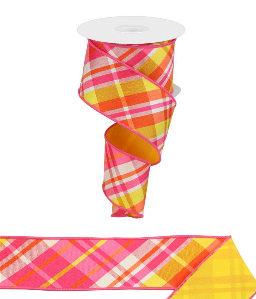 2.5" Diagonal Plaid Fused Back Ribbon Hot Pink/Orange/Yellow 10yds