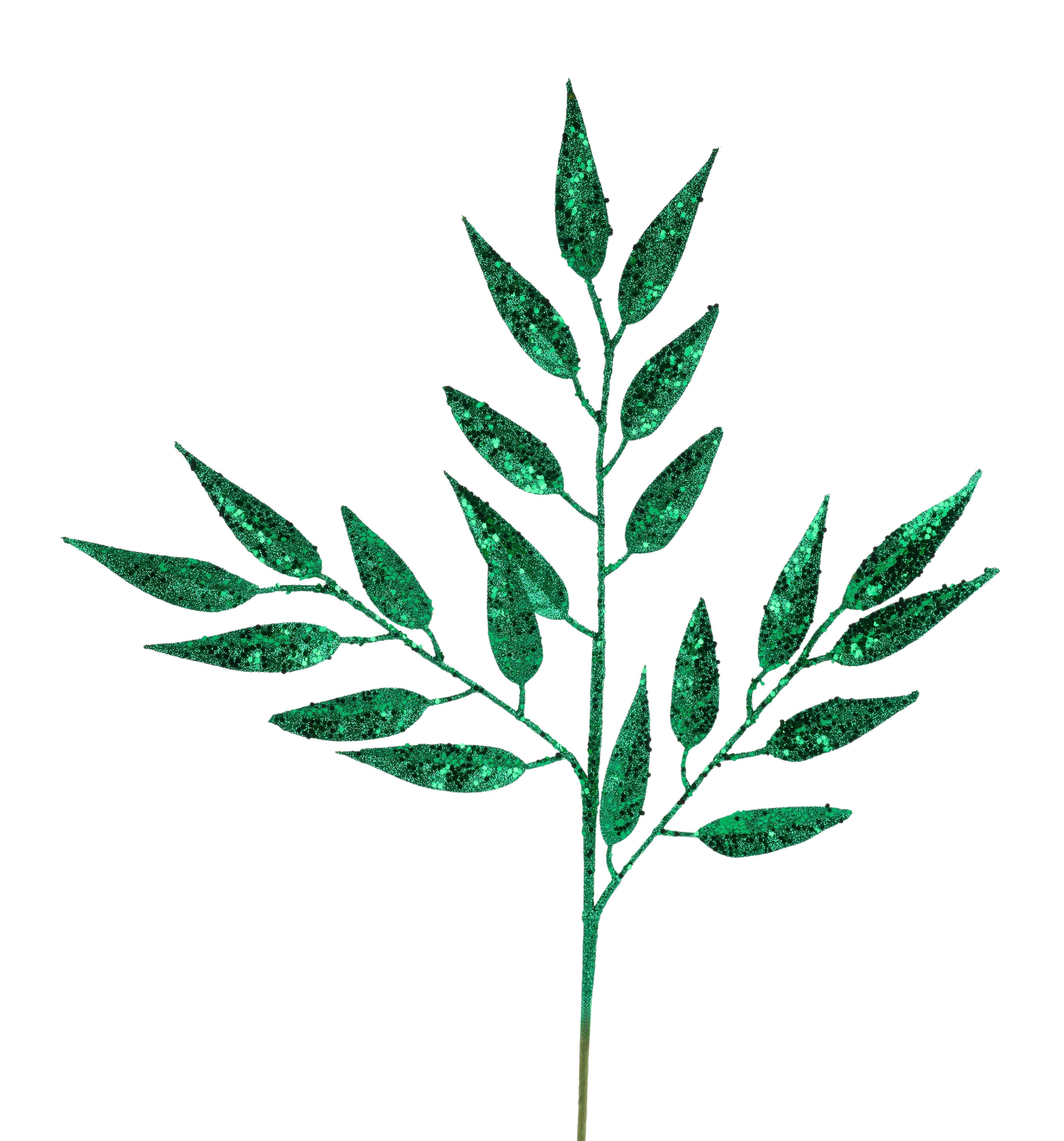 28" Glitter Leaf Spray Emerald Green The Wreath Shop