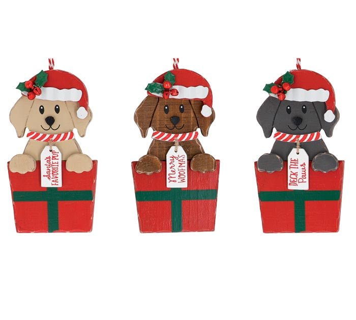 Christmas Dog in Giftbox Ornament - 9748711 - Tan - The Wreath Shop