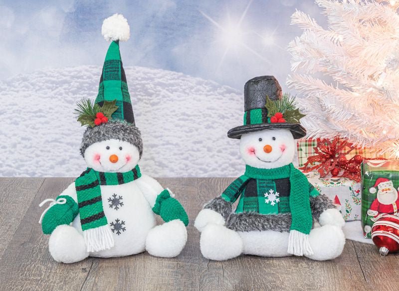 Christmas Green Snowman Sitters - 11406-check hat - The Wreath Shop