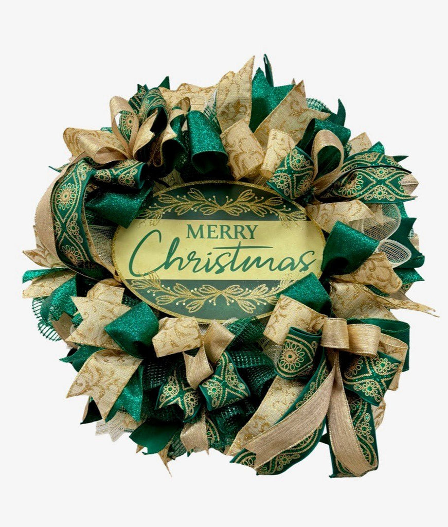 Green/Gold Merry Christmas Wreath - Green/Gold Merry Christmas Wreath - The Wreath Shop