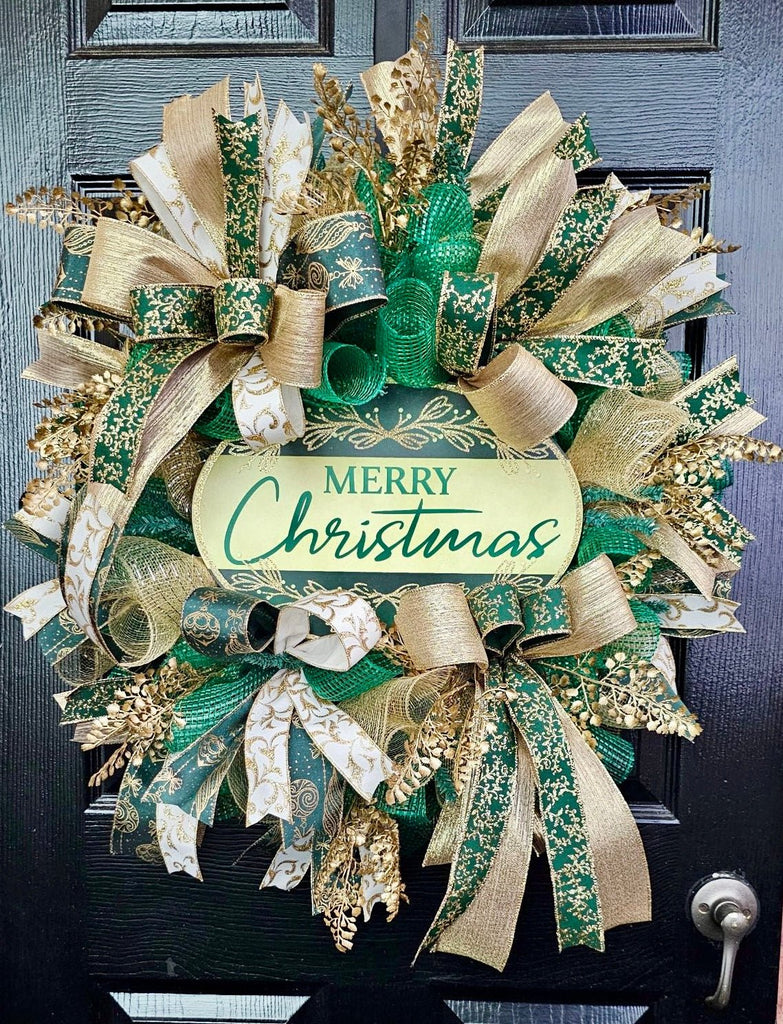 Green/Gold Merry Christmas Wreath Kit - Green/Gold Christmas Kit - The Wreath Shop