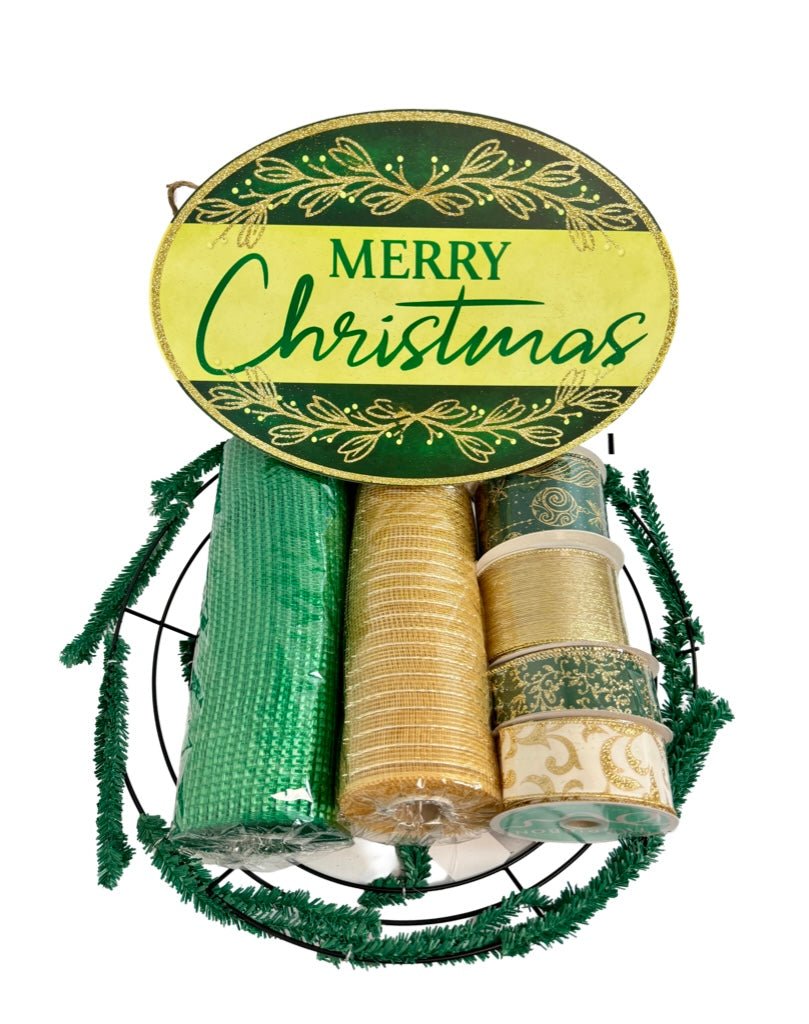 Green/Gold Merry Christmas Wreath Kit - Green/Gold Christmas Kit - The Wreath Shop